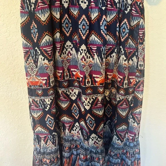 Boho Old Navy Waist-Defined V-Neck Midi Dress Blue Aztec Geometric Print - Picture 4 of 10
